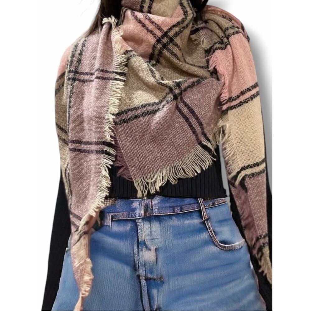 Plaid Texture Fringe Lagenlook Scarf Neck Wrap OS